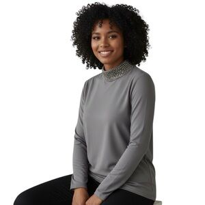 Susan Graver Gray Long Sleeve Top with Beaded Collar